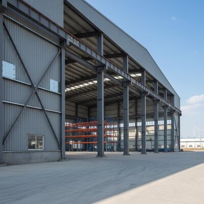 Entrepôt à structure métallique avec poutres et colonnes en profilés H, conçu selon les normes locales, solution de stockage industriel durable