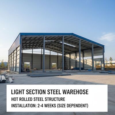 Entrepôt à structure métallique en acier à section légère construit avec de l'acier laminé à chaud Temps d'installation 2 à 4 semaines selon la taille