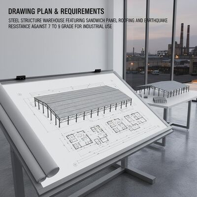 Exigences du plan de dessin Structure en acier entrepôt avec panneau sandwich toiture et séisme contre 7 à 9 grade pour l'industrie