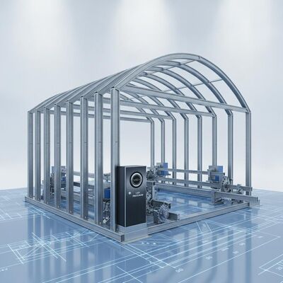 Structure en acier préfabriquée rétractable manuellement ou électriquement, conçue avec un dessin CAO assurant précision et assemblage
